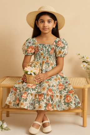 Girls Vintage Floral Puff-Sleeve Smocked Cotton Dress with Ruffle Hem