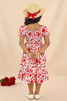 Girls Red Floral Puff-Sleeve Smocked Cotton Dress with Ruffle Hem