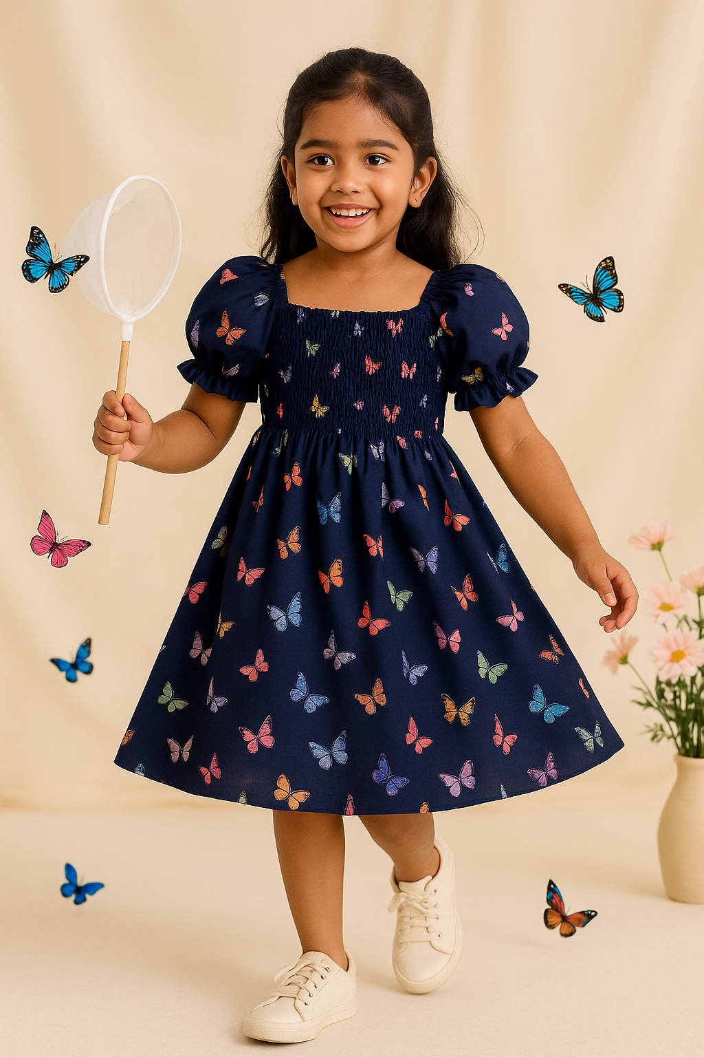 Glamgait Navy Butterfly Printed Short Sleeve Midi Baby Girls Dress