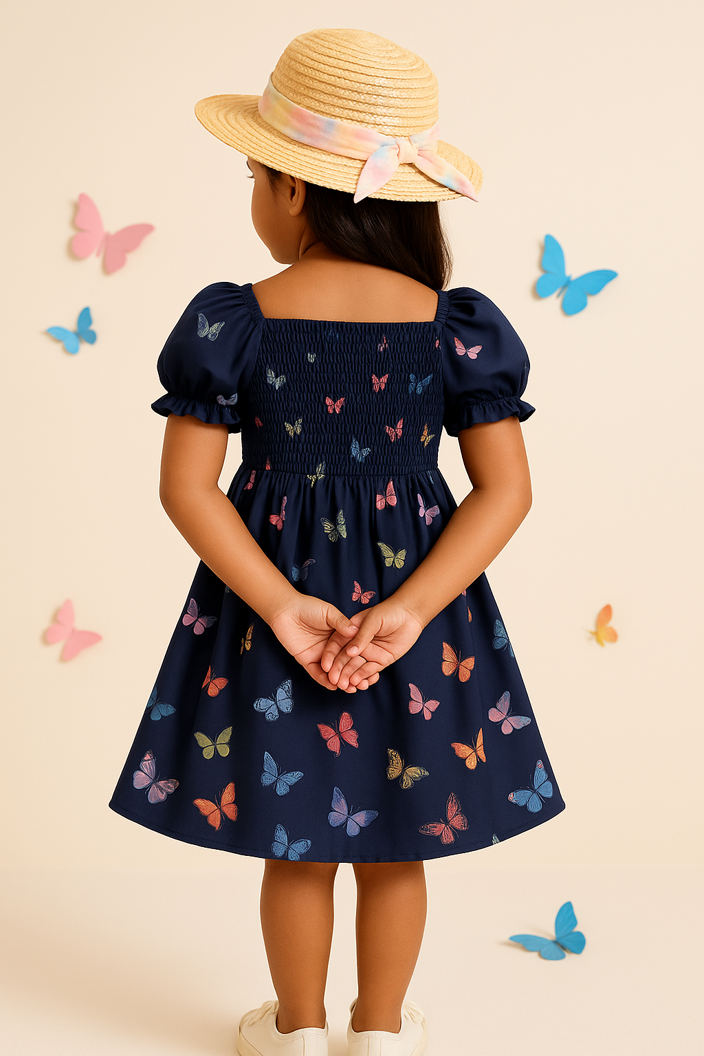 Glamgait Navy Butterfly Printed Short Sleeve Midi Baby Girls Dress