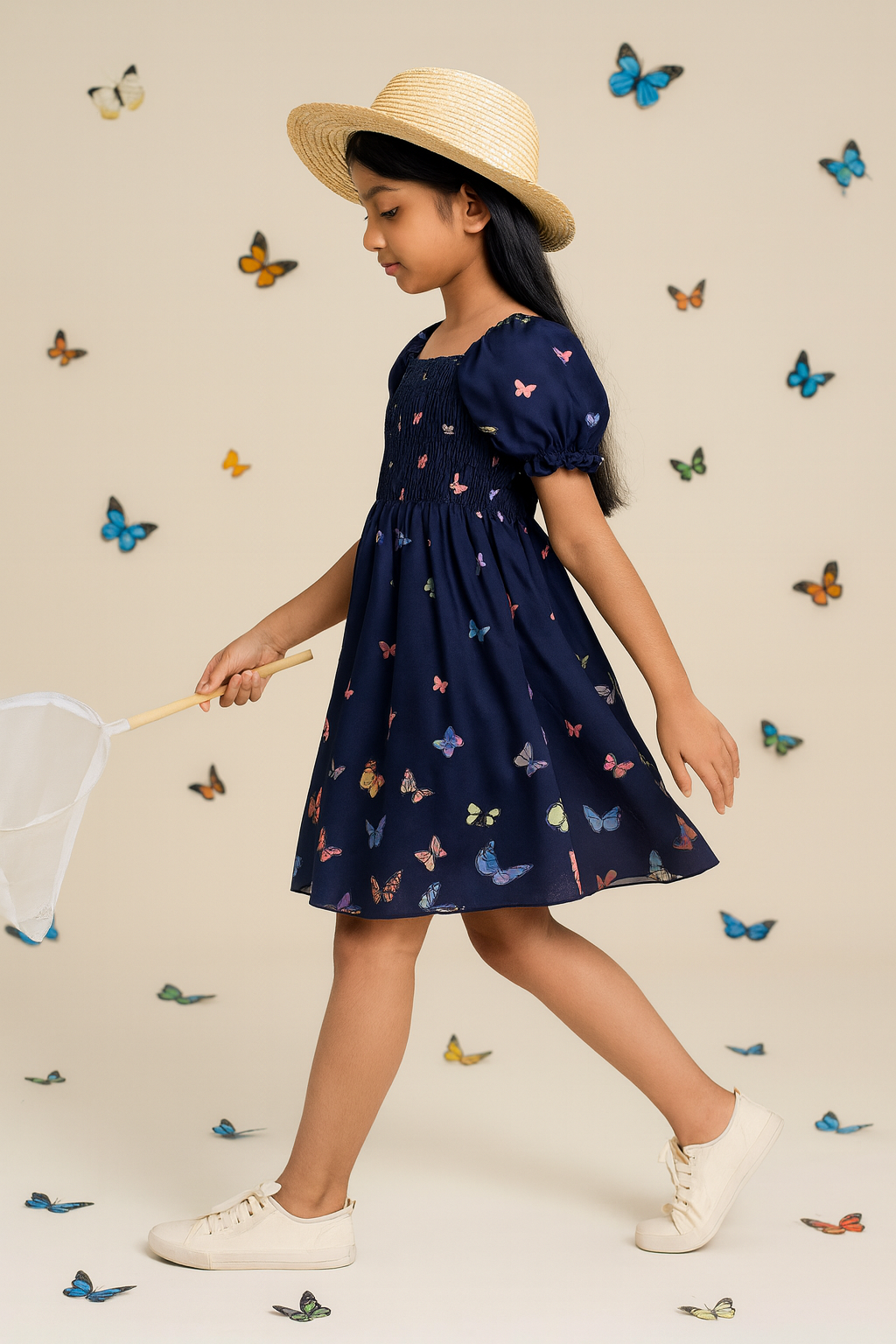 Glamgait Navy Butterfly Printed Short Sleeve Midi Baby Girls Dress