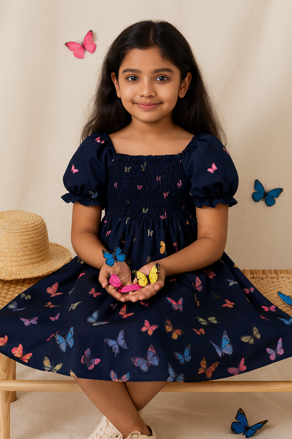 Glamgait Navy Butterfly Printed Short Sleeve Midi Baby Girls Dress