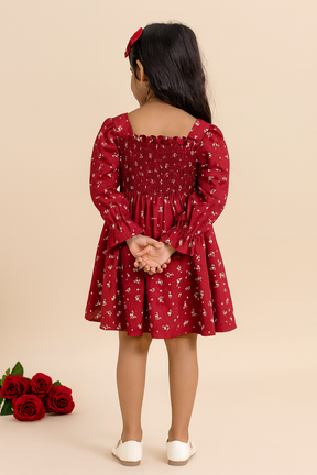 Girls Maroon Floral Long-Sleeve Smocked Cotton Dress – Elegant Party & Casual Wear