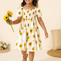 Girls Sunflower Print Kids Dress – Casual Ruffle Sleeve Midi Dress for Toddlers & Little Girls, Lightweight Cotton Outfit
