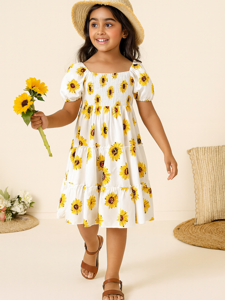 Girls Sunflower Print Kids Dress – Casual Ruffle Sleeve Midi Dress for Toddlers & Little Girls, Lightweight Cotton Outfit