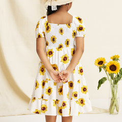 Girls Sunflower Print Kids Dress – Casual Ruffle Sleeve Midi Dress for Toddlers & Little Girls, Lightweight Cotton Outfit