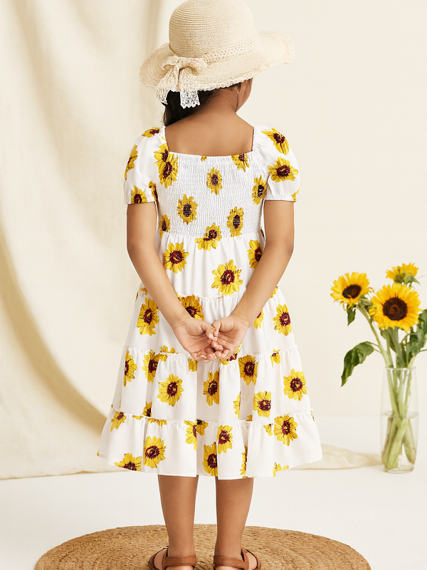 Girls Sunflower Print Kids Dress – Casual Ruffle Sleeve Midi Dress for Toddlers & Little Girls, Lightweight Cotton Outfit