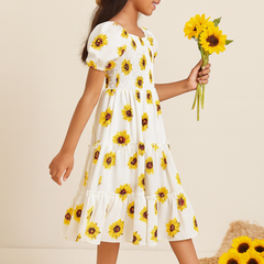 Girls Sunflower Print Kids Dress – Casual Ruffle Sleeve Midi Dress for Toddlers & Little Girls, Lightweight Cotton Outfit