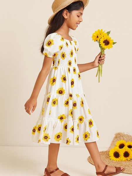 Girls Sunflower Print Kids Dress – Casual Ruffle Sleeve Midi Dress for Toddlers & Little Girls, Lightweight Cotton Outfit