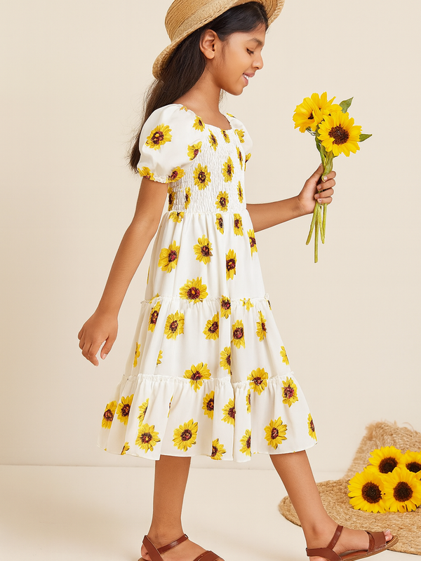 Girls Sunflower Print Kids Dress – Casual Ruffle Sleeve Midi Dress for Toddlers & Little Girls, Lightweight Cotton Outfit