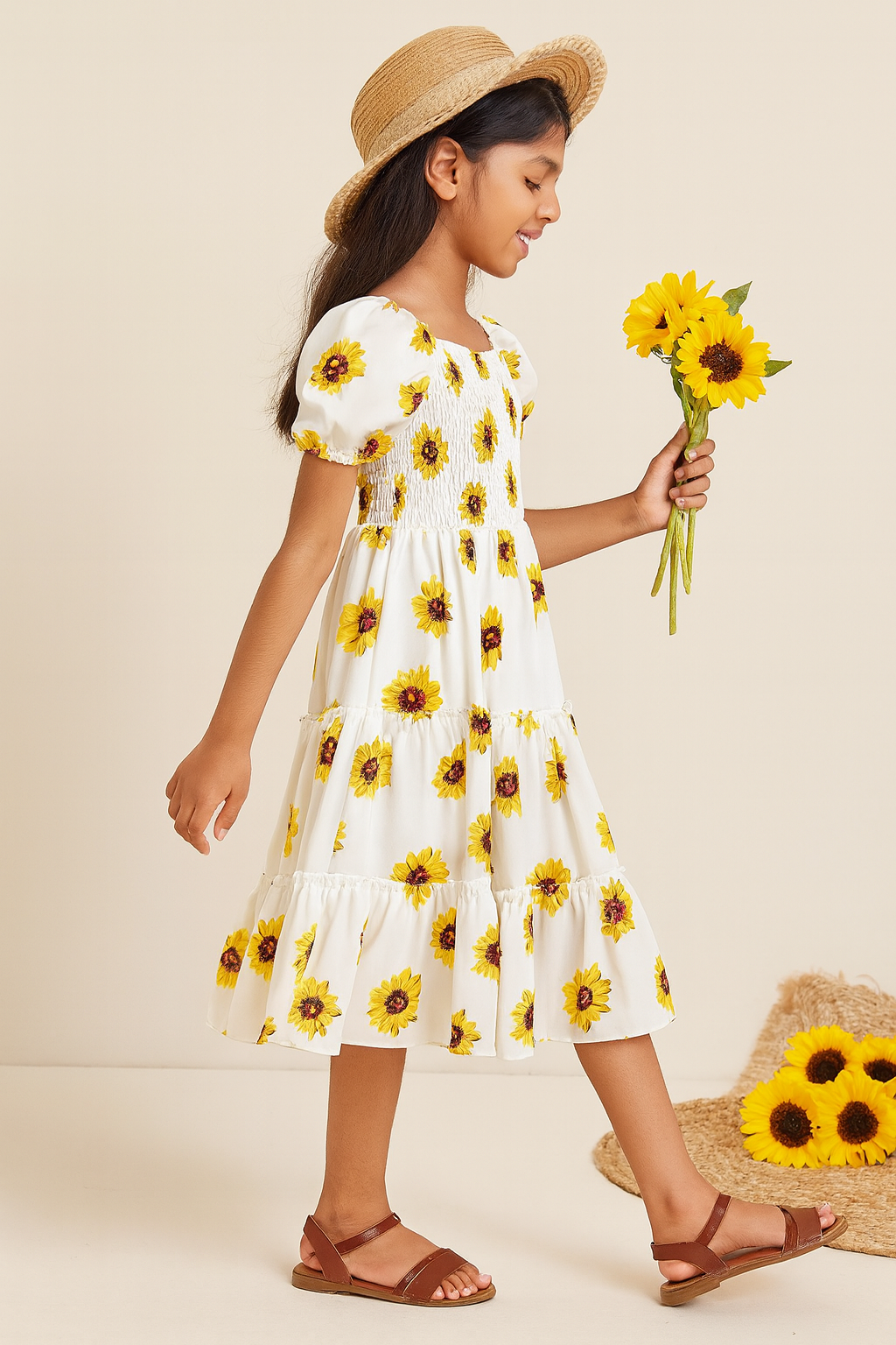 Glamgait Off-White Color Flower Printed Short Sleeve Baby Girl Dress