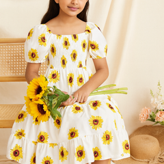 Girls Sunflower Print Kids Dress – Casual Ruffle Sleeve Midi Dress for Toddlers & Little Girls, Lightweight Cotton Outfit
