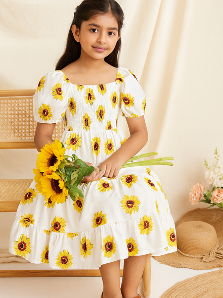 Girls Sunflower Print Kids Dress – Casual Ruffle Sleeve Midi Dress for Toddlers & Little Girls, Lightweight Cotton Outfit