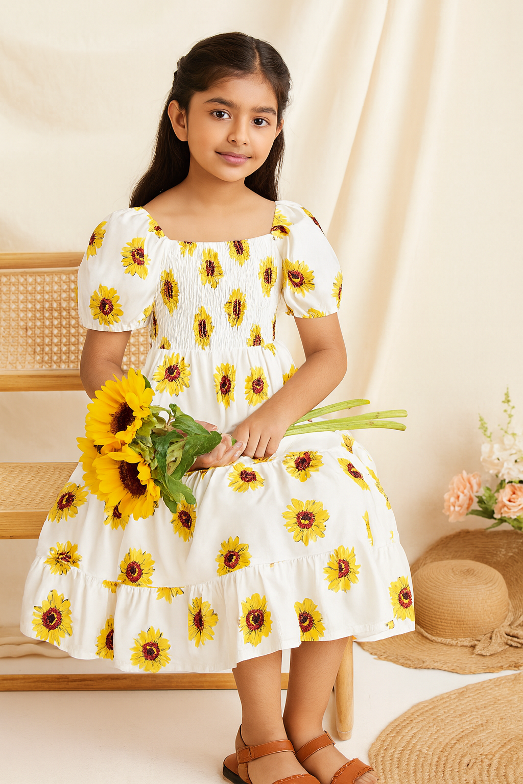 Glamgait Off-White Color Flower Printed Short Sleeve Baby Girl Dress