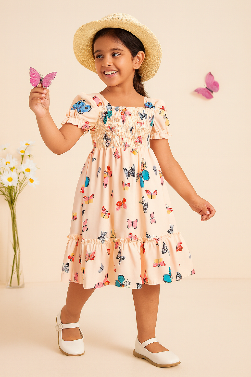 Glamgait Cream Color Butterfly Printed Short Sleeve Kids Dress
