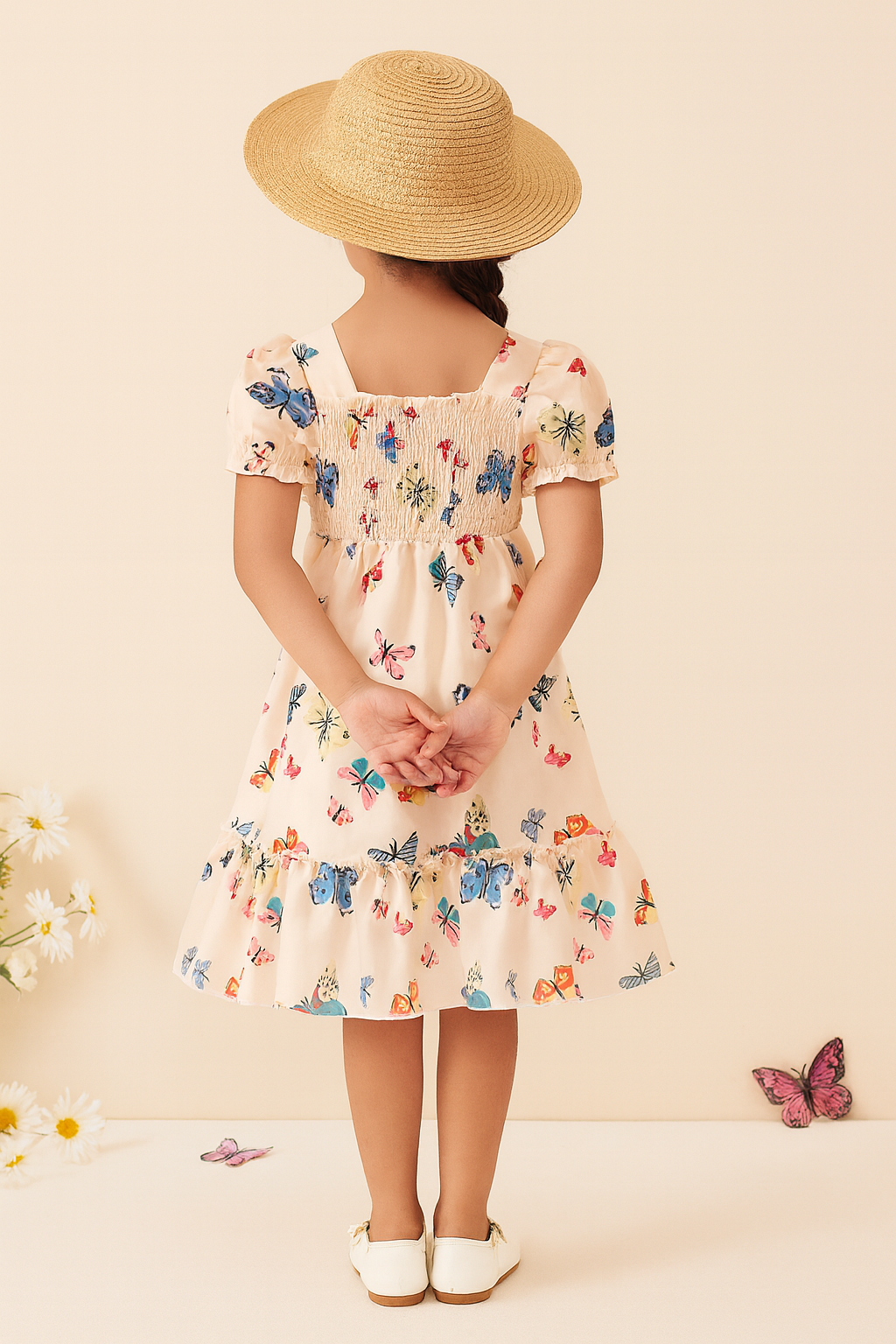 Glamgait Cream Color Butterfly Printed Short Sleeve Kids Dress