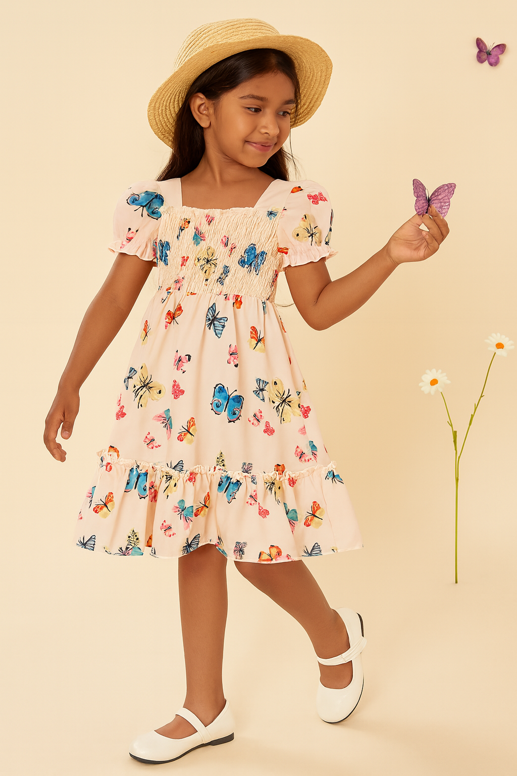Glamgait Cream Color Butterfly Printed Short Sleeve Kids Dress