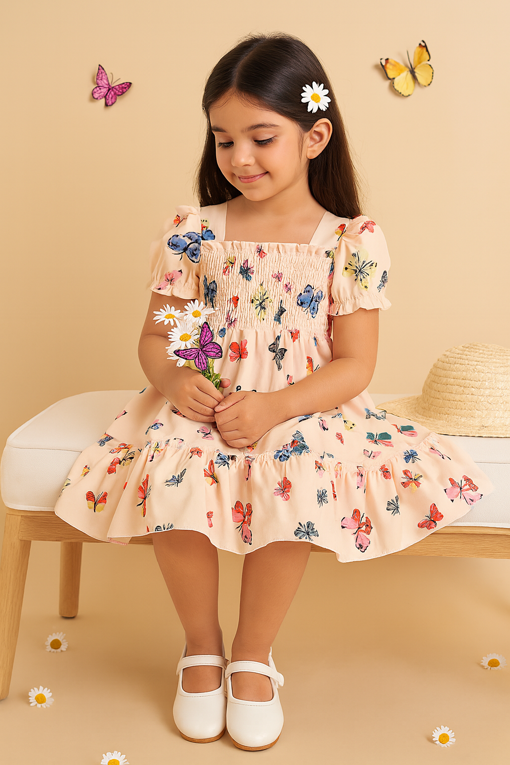 Glamgait Cream Color Butterfly Printed Short Sleeve Kids Dress
