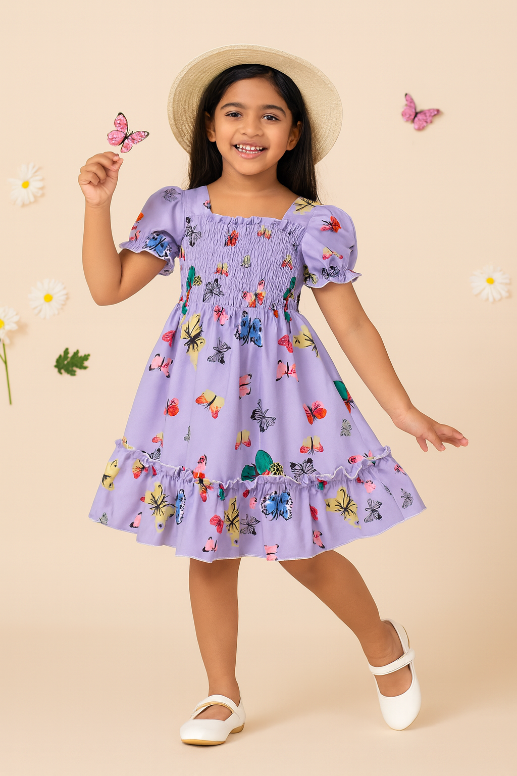 Glamgait Purple Color Butterfly Printed Short Sleeve Kids Dress