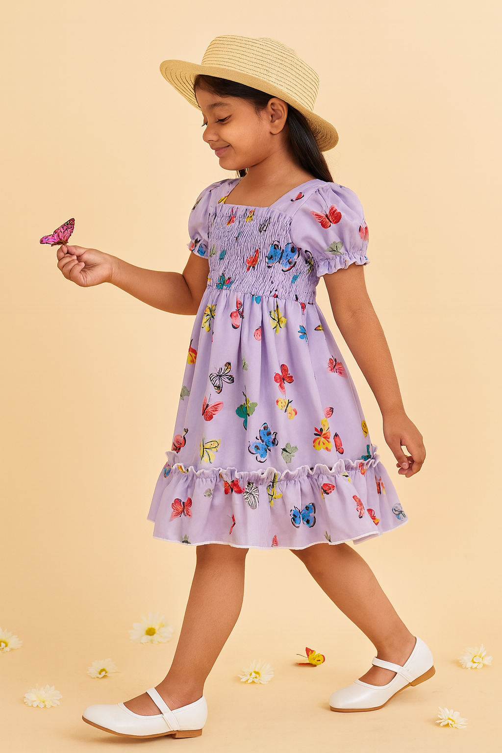 Glamgait Purple Color Butterfly Printed Short Sleeve Kids Dress