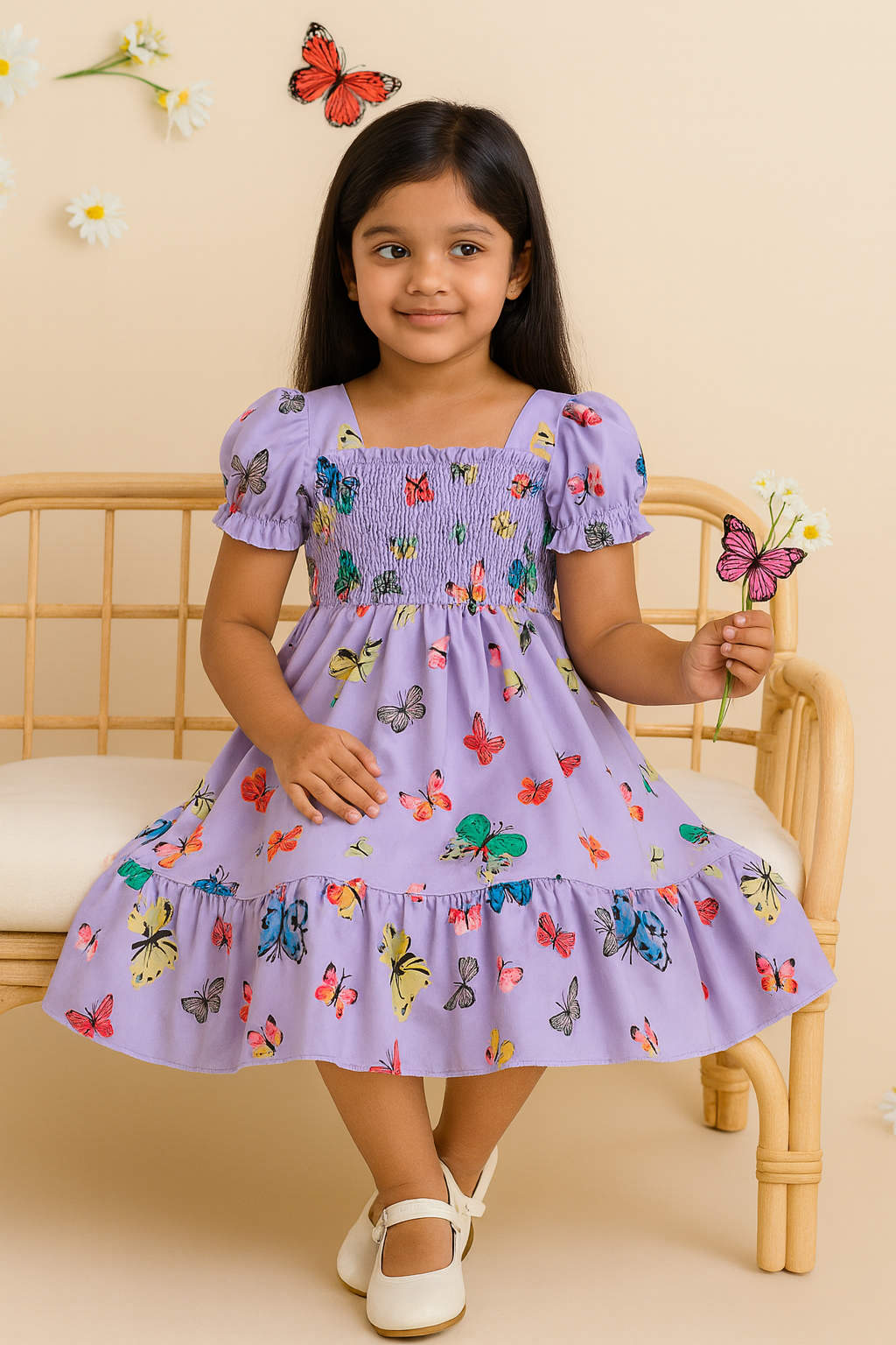 Glamgait Purple Color Butterfly Printed Short Sleeve Kids Dress