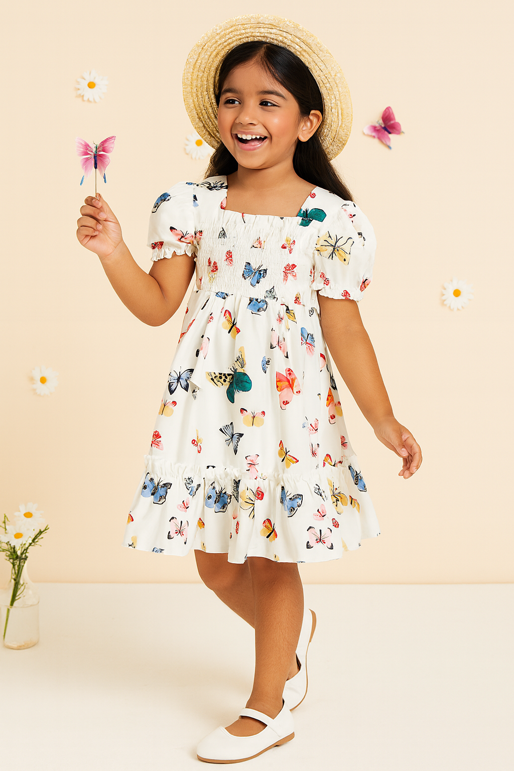 Glamgait Off-White Color Butterfly Printed Short Sleeve Kids Dress