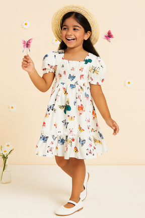 Kids Dress Butterfly Print Puff Sleeve Dress – Smocked Midi Dress for Girls and Toddlers