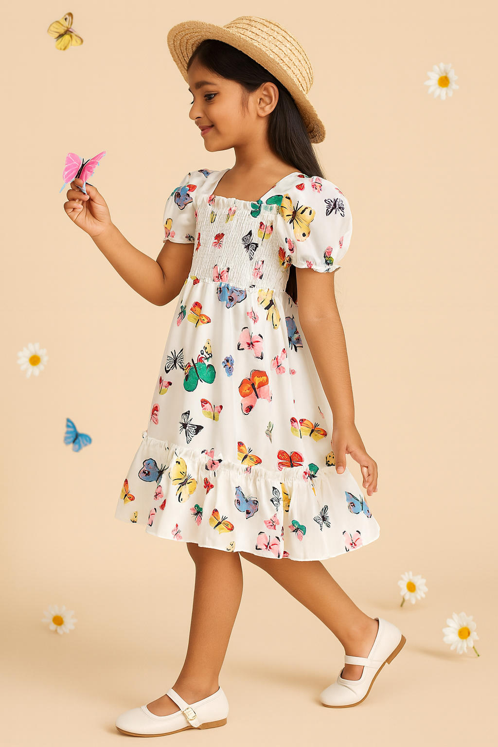 Glamgait Off-White Color Butterfly Printed Short Sleeve Kids Dress