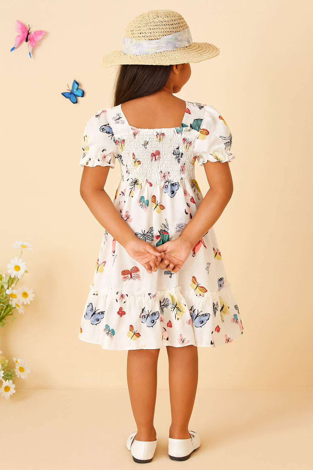 Glamgait Off-White Color Butterfly Printed Short Sleeve Kids Dress