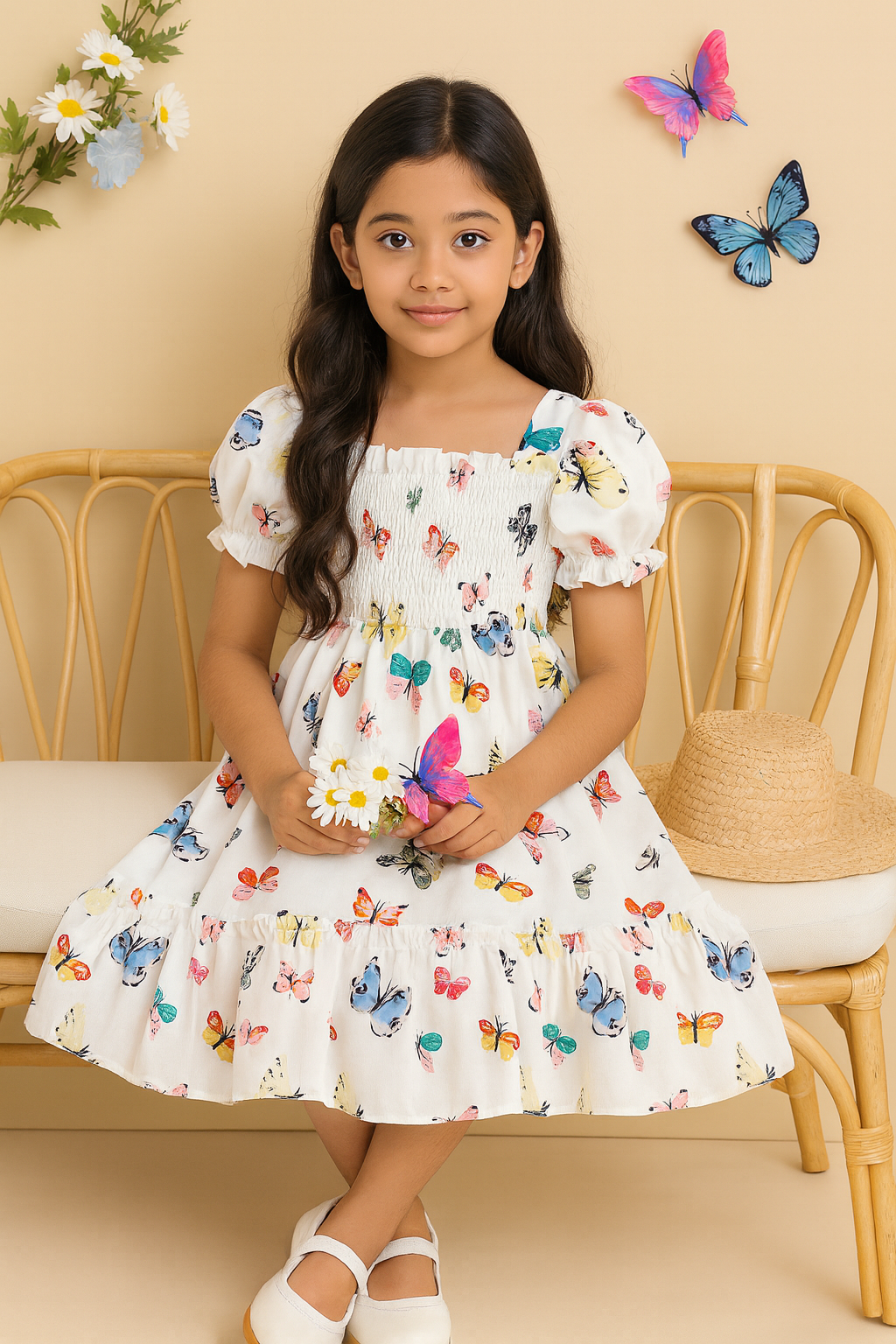 Glamgait Off-White Color Butterfly Printed Short Sleeve Kids Dress
