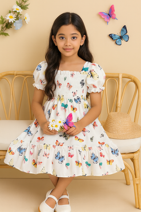 Kids Dress Butterfly Print Puff Sleeve Dress – Smocked Midi Dress for Girls and Toddlers
