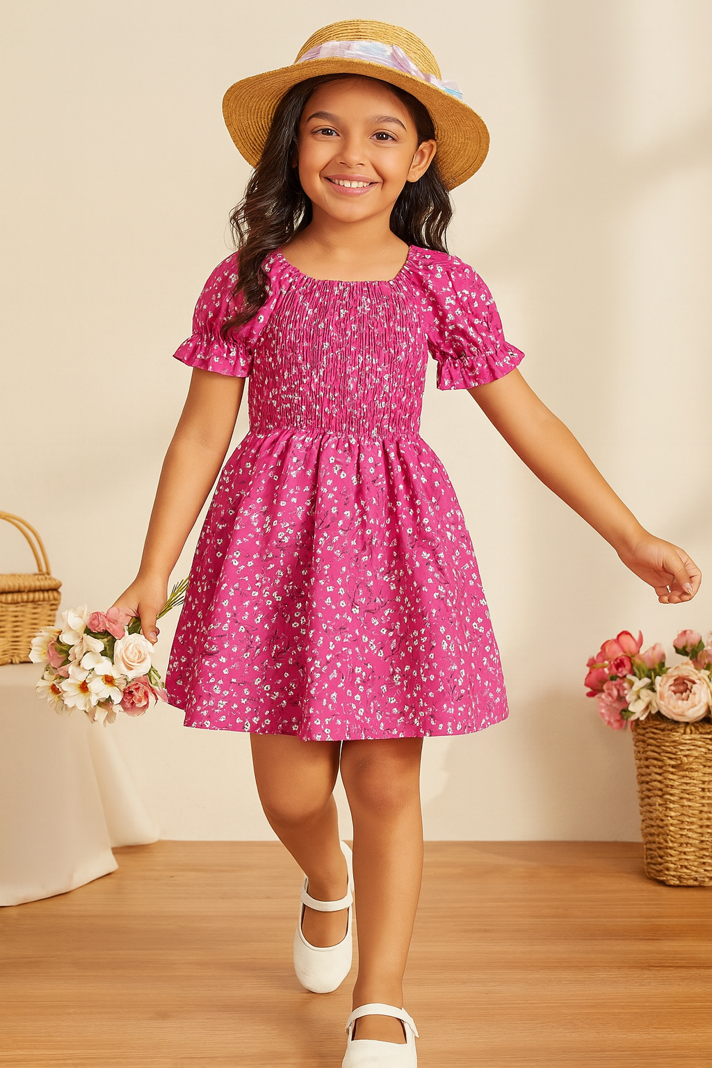 Glamgait Pink Color Floral Printed Short Sleeve A-Line Baby Dress