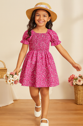 Baby Frock for Girls – Stylish Pink Floral Puff Sleeve Cotton Dress for Toddlers & Kids – Casual Party Wear