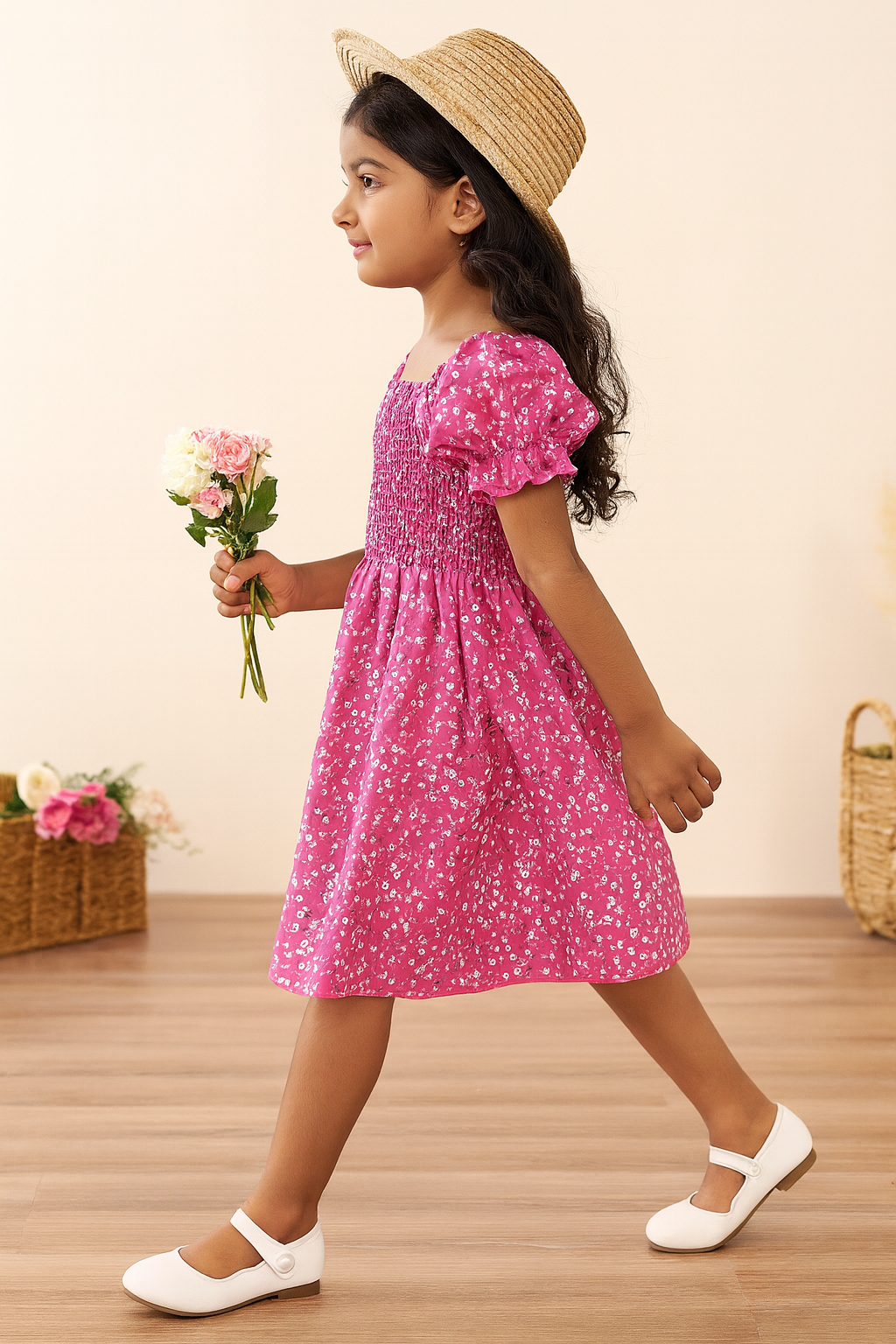 Glamgait Pink Color Floral Printed Short Sleeve A-Line Baby Dress