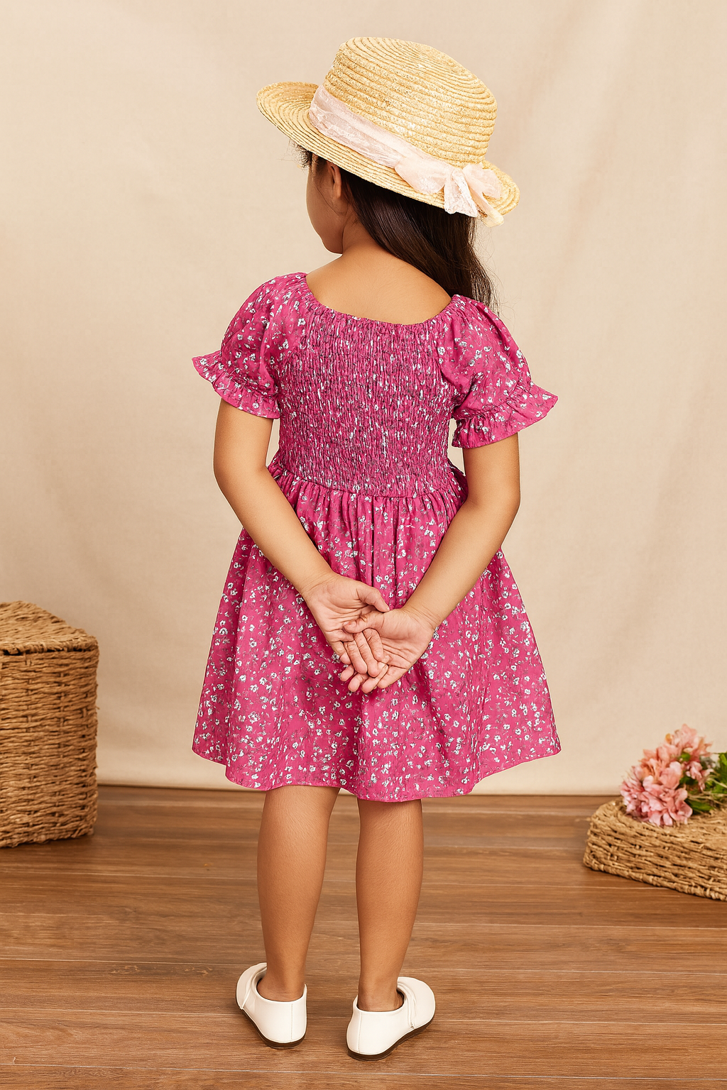 Baby Frock for Girls – Stylish Pink Floral Puff Sleeve Cotton Dress for Toddlers & Kids – Casual Party Wear