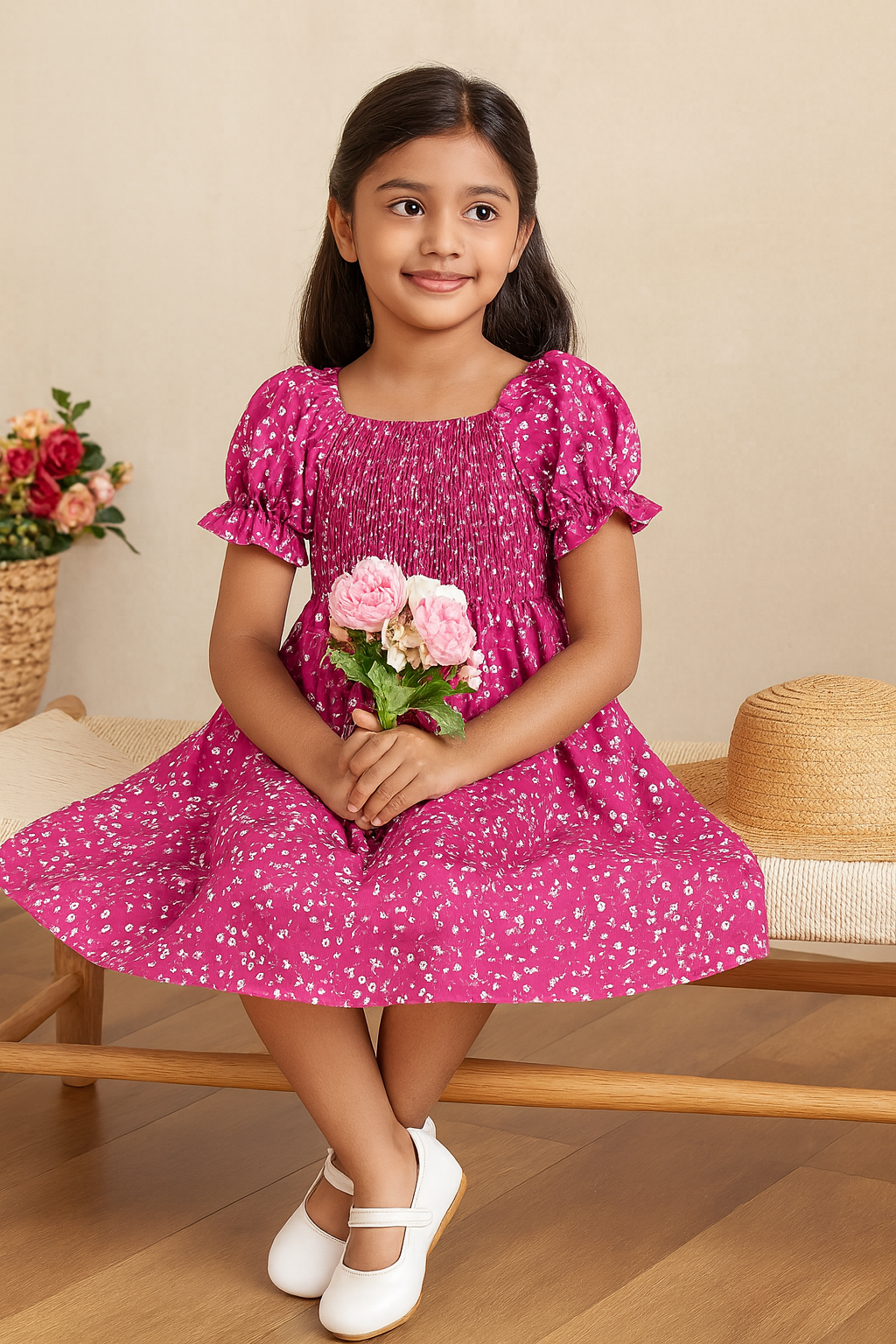 Glamgait Pink Color Floral Printed Short Sleeve A-Line Baby Dress