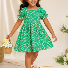 Baby Frock for Girls – Green Floral Cotton Dress with Puff Sleeves | Comfortable Frock for Toddlers & Kids