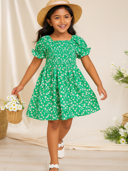 Baby Frock for Girls – Green Floral Cotton Dress with Puff Sleeves | Comfortable Frock for Toddlers & Kids