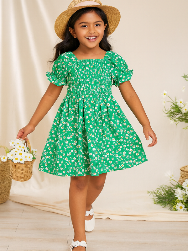 Baby Frock for Girls – Green Floral Cotton Dress with Puff Sleeves | Comfortable Frock for Toddlers & Kids