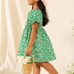 Baby Frock for Girls – Green Floral Cotton Dress with Puff Sleeves | Comfortable Frock for Toddlers & Kids