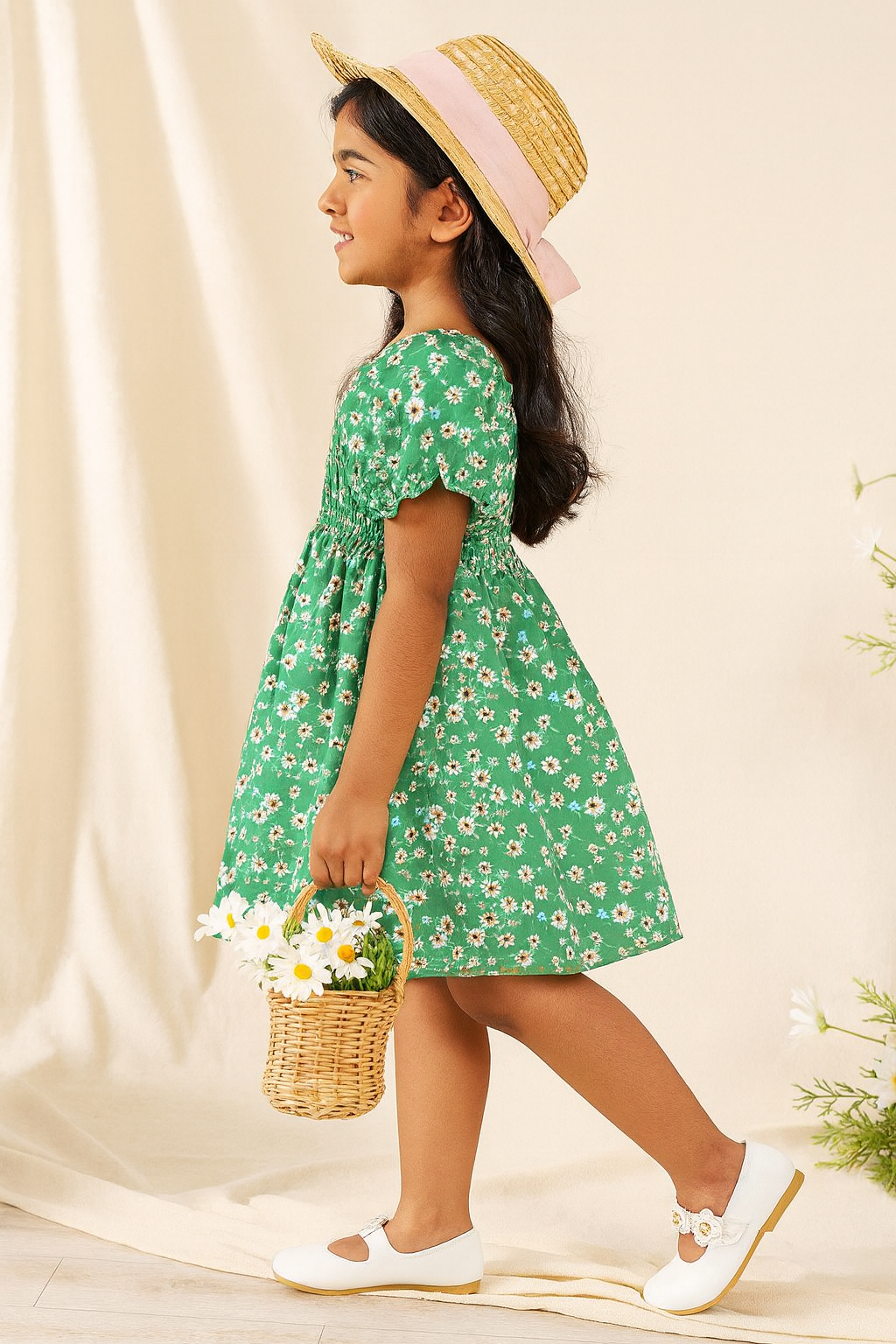 Baby Frock for Girls – Green Floral Cotton Dress with Puff Sleeves | Comfortable Frock for Toddlers & Kids
