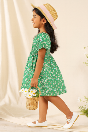 Baby Frock for Girls – Green Floral Cotton Dress with Puff Sleeves | Comfortable Frock for Toddlers & Kids