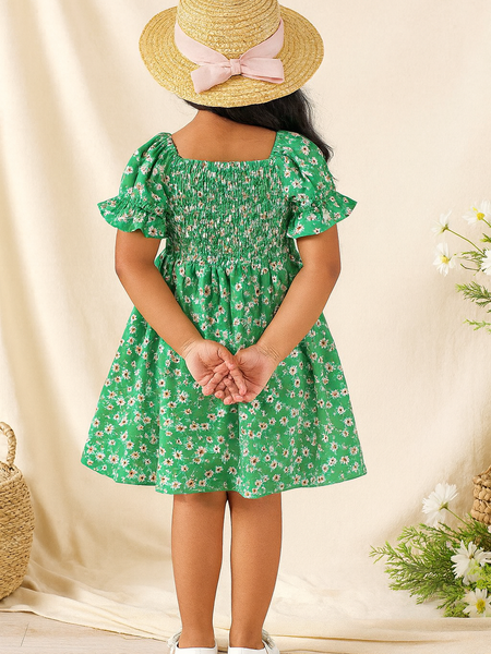 Baby Frock for Girls – Green Floral Cotton Dress with Puff Sleeves | Comfortable Frock for Toddlers & Kids