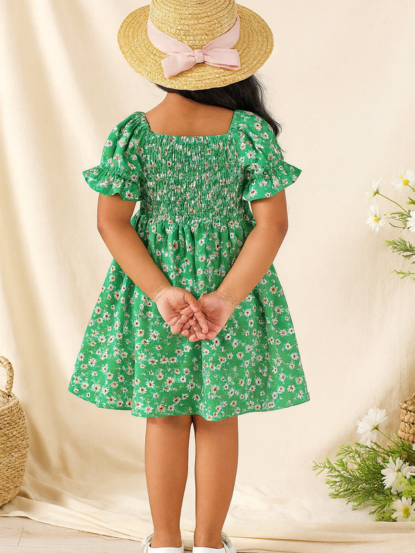 Baby Frock for Girls – Green Floral Cotton Dress with Puff Sleeves | Comfortable Frock for Toddlers & Kids