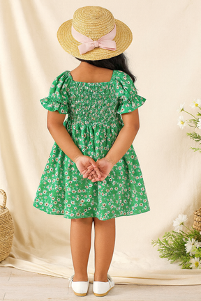 Baby Frock for Girls – Green Floral Cotton Dress with Puff Sleeves | Comfortable Frock for Toddlers & Kids