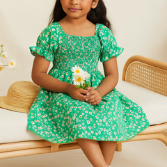 Baby Frock for Girls – Green Floral Cotton Dress with Puff Sleeves | Comfortable Frock for Toddlers & Kids