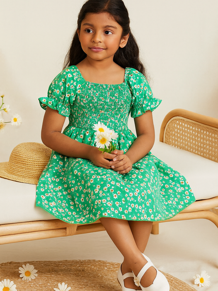 Baby Frock for Girls – Green Floral Cotton Dress with Puff Sleeves | Comfortable Frock for Toddlers & Kids