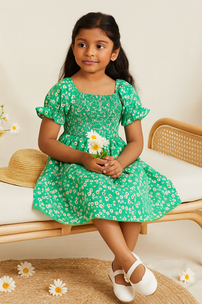Baby Frock for Girls – Green Floral Cotton Dress with Puff Sleeves | Comfortable Frock for Toddlers & Kids