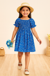 Baby Frock for Girls - Stylish Blue Floral Printed Cotton Dress with Puff Sleeves | Comfortable Wear for Kids