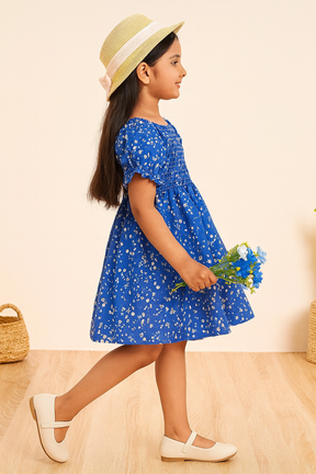 Baby Frock for Girls - Stylish Blue Floral Printed Cotton Dress with Puff Sleeves | Comfortable Wear for Kids